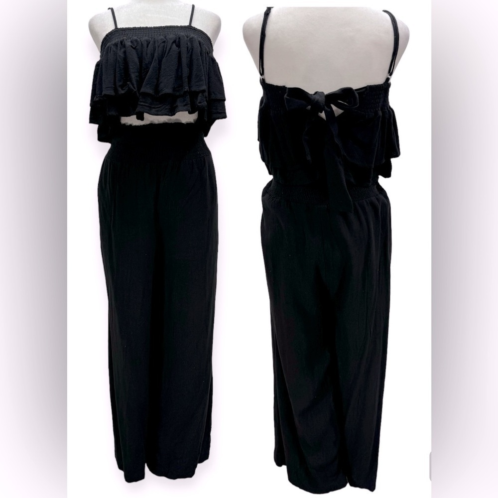 Mittoship 2 Piece Black Cropped Ruffle Top & Ruched Waist Palazzo Pants NEW